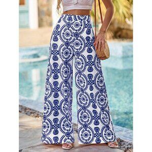 High waisted wide leg pants boho gypsy print blue white greek